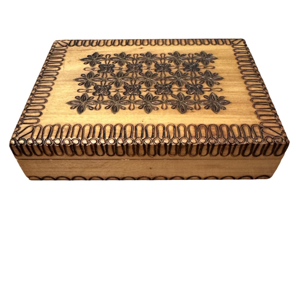 Polish Wooden Trinket Jewelry Box Intricate Hand Carved Floral Patterns Poland